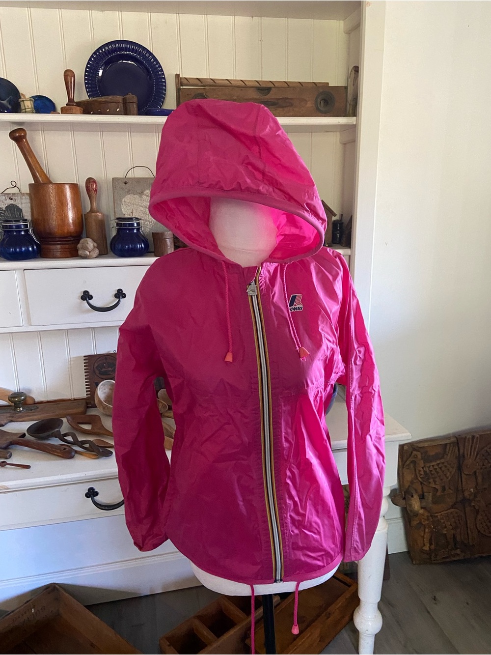 K-Way women’s Bright Pink Hooded Packable Rain Jacket